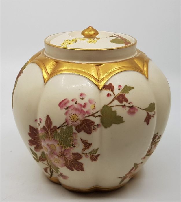 A late 19th century Royal Worcester blush ivory melon shape rose jar and cover, shape 1313, hand