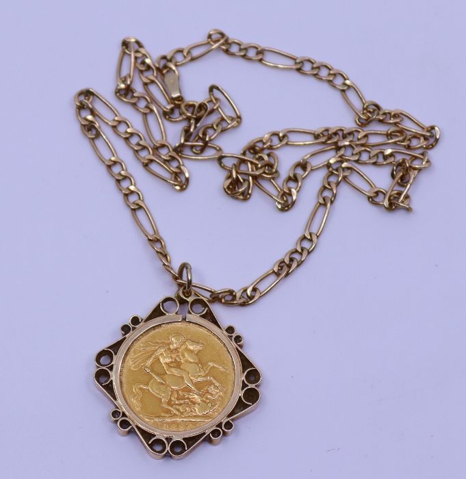 A Victorian gold sovereign dated 1832, in 9ct pierced mount and suspended on cublink 9ct chain,