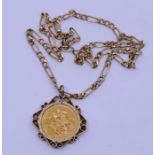 A Victorian gold sovereign dated 1832, in 9ct pierced mount and suspended on cublink 9ct chain,