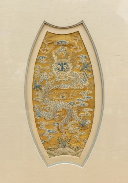 A fine Yellow ground Chinese silk fragment , the five claw dragon with ferocious pose