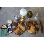 Two 19th cent Wooden pokerware shields and a collection of misc items