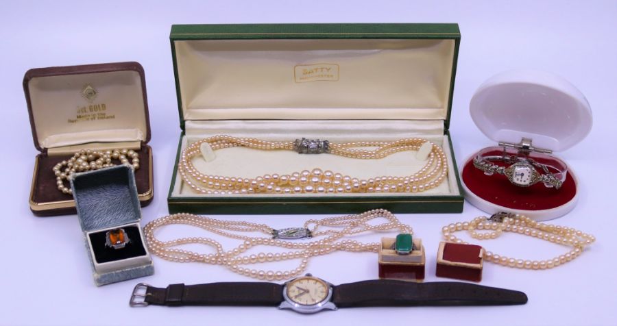 A collection of costume jewellery to include Romer watch, cocktail watch and similar