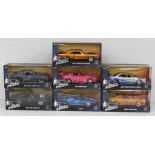 Fast & Furious: A collection of seven boxed modern Jada, Fast & Furious 1:24 scale diecast vehicles.