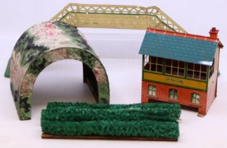 Railway: A collection of assorted model railway items to include: tinplate signal box, station,