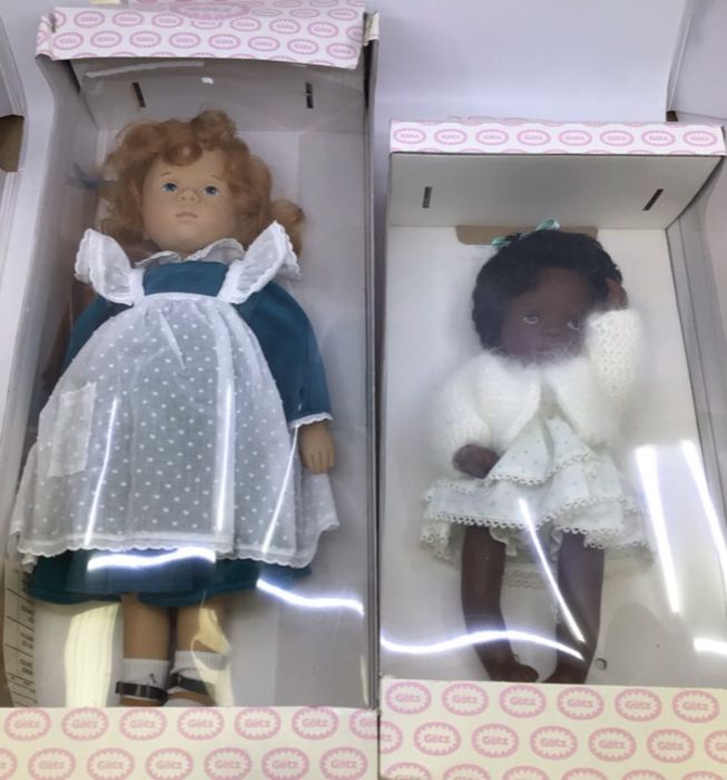 Gotz: A pair of Gotz dolls, one 13” tall, one 18” tall, both in original boxes, along with another