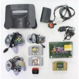 Nintendo: An unboxed Nintendo 64 black console, complete with power supply, official controller