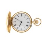 An 18ct gold half hunter pocket watch, round enamel white dial, approx 32mm, black Roman numeral