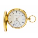 An early 20th century 18ct gold hunter pocket watch, Dent London, white enamel dial with Roman