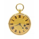 An early 20th century 18ct gold open faced pocket watch, gold tone dial with black Roman numeral