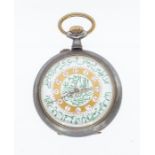 A blackened open faced pocket watch with white enamel dial, green Arabic inscription, dial approx