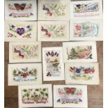 Collection of 13 WW1 silk postcards eight with  original calling cards inside and eight with writing