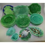 Large collection of English and continental green majolica wares , mostly mid 19th C , including
