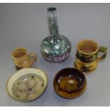 Group of studio pottery , Bowl by Bernhard Forester 16cm diameter , 2 Boscastle pottery mugs , 1
