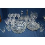 mixed collection of cut and other glass , including a hallmarked silver top decanter , 30 cm high ,
