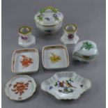 A collection of Herend porcelain , to include a pair of candle holders , 2 trinket pots , a spoon