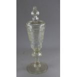 Tall etched glass goblet and cover , with etched flowers and leaves , 34.4 cm high (1) Condition