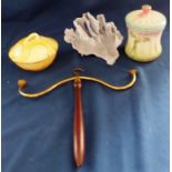 1930s soap dish with inner drainer , lidded pot , piece of coral and a brass and wooden hook  (4)