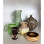 Six pieces of twentieth century studio pottery to include Aviemore bulbous vase H23cms [some crazing