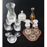 A collection of glass, including a glass and Bakelite cruet set, an engraved glass Ruby Wedding Vase