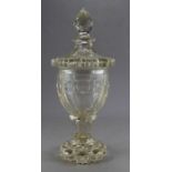 German glass goblet and cover , with an engraved inscription and dated 4th March 1839 . 31.5 cm high