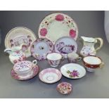 Quanity of pink lustre circa 1820-40  , consisting of 2 jugs , 2 dishes and cups and saucers . (