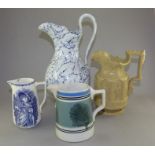 4 19th C jugs , large mulberry pattern wash jug 37cm high , Charles Meigh stoneware jug C1842 ,