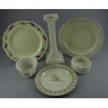 A collection of creamware to include a French candlestick 20th C , 2 18thC creamware plates , the