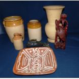 Large stoneware Hillstonia vase 35 cm , 3 stoneware jars , wooden crane lamp stand pottery slip ware