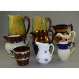 A group of 19th C jugs and a beaker , consisting of 2 corn on a cob majolica jugs , 2 copper