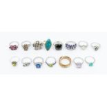 A collection of fifteen Gems TV silver and gem set silver dress rings, to include a cats eye