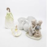 Lladro love birds figure, two Royal Doulton lady figures Chloe and Ninette along with another