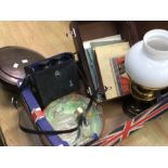 Vintage suitcase, oil lamp, binoculars, early 20th Century fruit bowl and glass items with bed pan