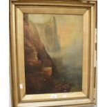 A 1902 oil on canvas coastal cliff edge with gulls, English School, signed MEC, 35 x 48 cms