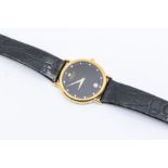 A Raymond Weil gold plated ladies wristwatch, round black dial with diamante number markers, case