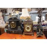 For restoration, 3 clocks: a wooden example with ornate gilt; a large slate example with Roman style