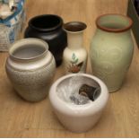 Three various large Denby jardinieres, a Bourne Derby baluster vase, two small Denby Arabesque mug