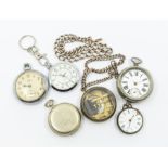 A collection of pocket watches and chains, base metals AF