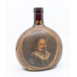 Glass flask; with hand painted portrait of Hugo De Groot, with a painted inscription 1616,