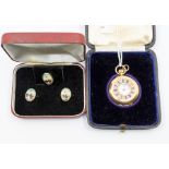 A continental 18ct gold and guilloche enamel ladies half hunter pocket watch, the case with pink
