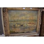 Mid 20th Century oil on board English School, of boats on the water, entitled Bucklers Hard,