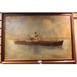 An oil on canvas of an early 20th Century merchant ship at sea