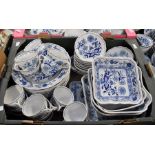 Two boxes of German Hutschenreuther Meissen style blue and white onion pattern dinnerware,