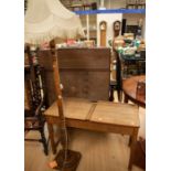 A 1950's pine double school desk with brass ink wells, along with 1930's standard lamp