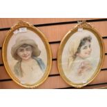 G. DeLuca; a pair of elliptical watercolour portraits in gilt frames