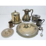A collection of silver plated items including a JRC biscuit barrell, a tea caddy, a silver