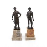 A pair of Ernst Beck bronze miner figures on later marble bases, height 23cm