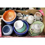 A collection of earthenware include: Denby blue jardiniere;  Bretby blue bowl, a Bretby green