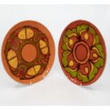 Poole Pottery: 2 Poole Pottery Delphis plates one on red ground and one on orange ground.