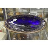 An 18th Century George III Bristol blue fruit bowl with silver rim and hand painted silver