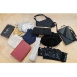 A collection of ladies evening bags, including four black bags, two silver beaded, 1 gold beaded,